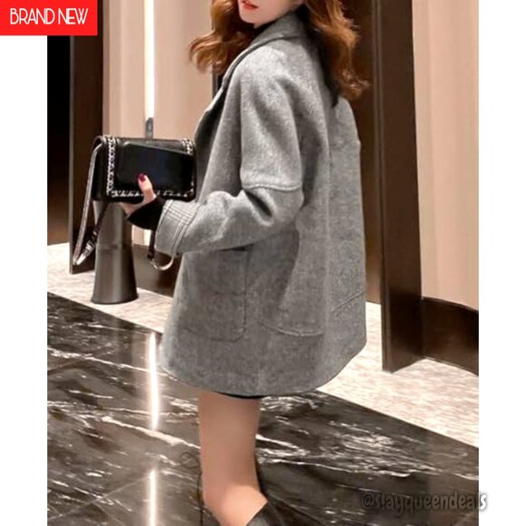 Women's Wool Blend Double Breasted Blazer Herringbone Pattern Notched Lapel - Picture 4 of 7